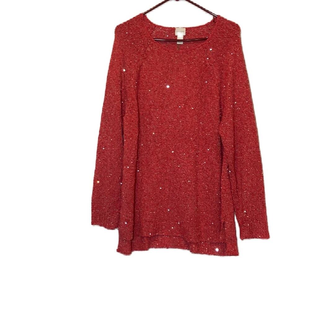 Chico’s Caliente Coral Sequin Shine Claire Pullover Crewneck Sweater Size 3 XL